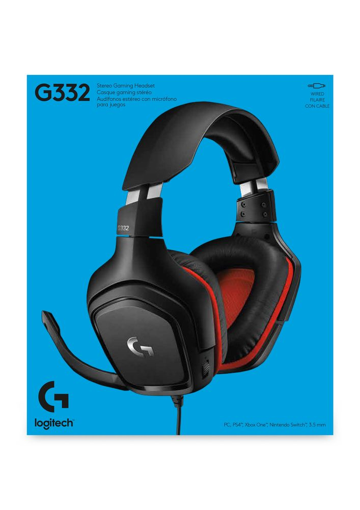 Een zwarte en rode Logitech G332 gaming headset doos, met de headset zichtbaar.
