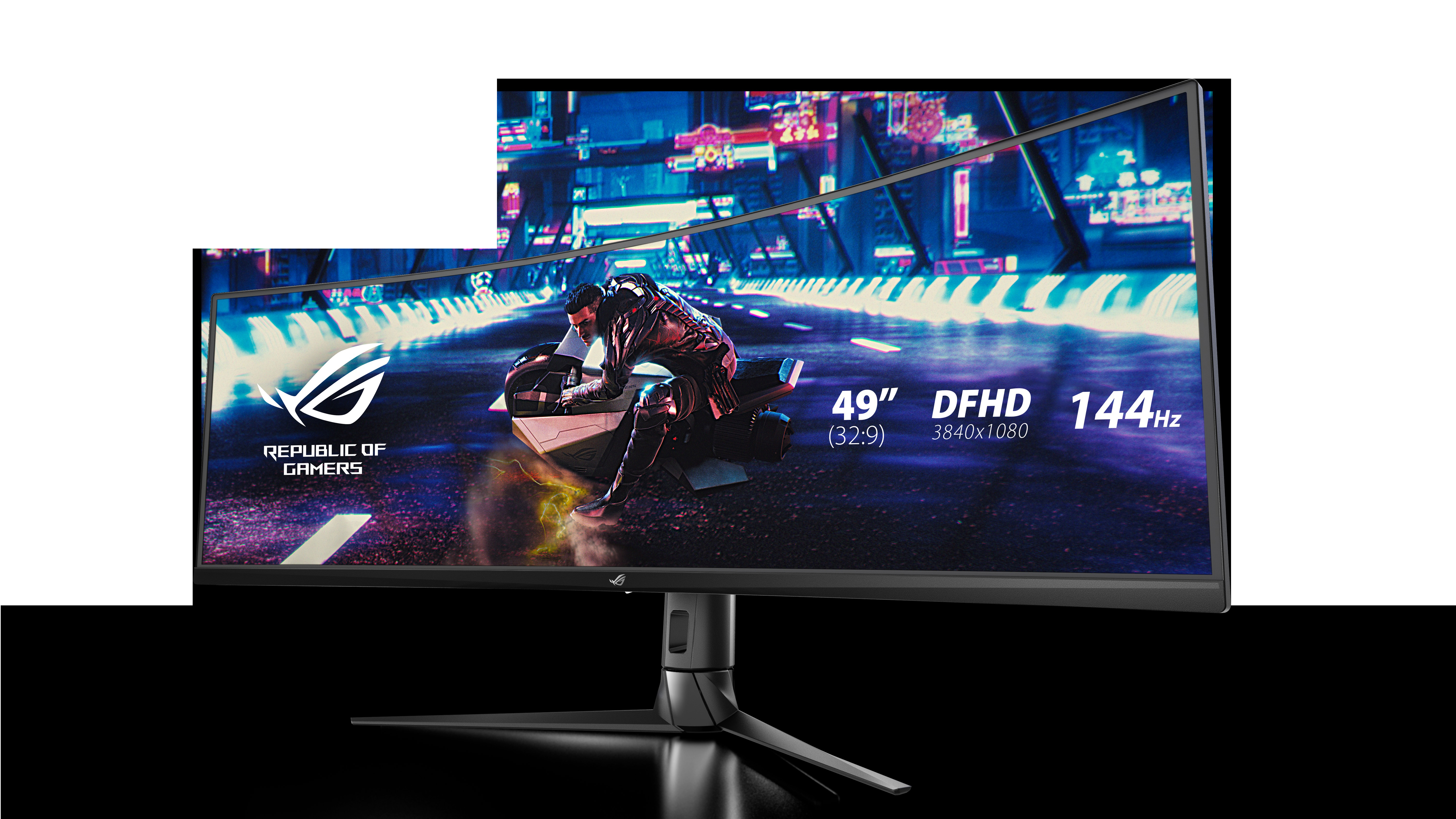 Gebogener Monitor mit einer Gaming-Szene. Mit Motorradrennen auf einer Stadtstraße.