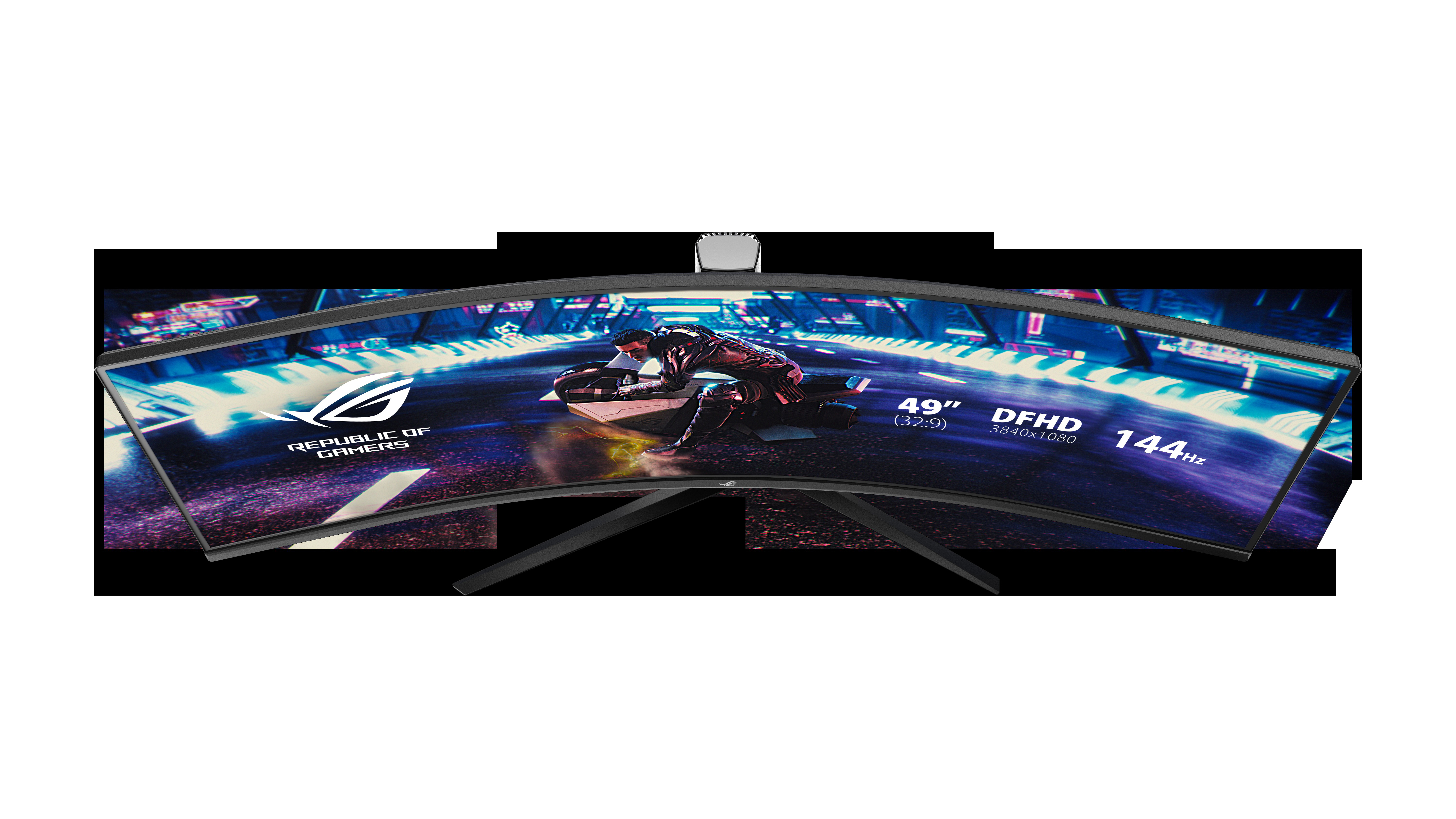 Gebogener Gaming-Monitor mit Rennspielszene. Text: 49", DFHD.