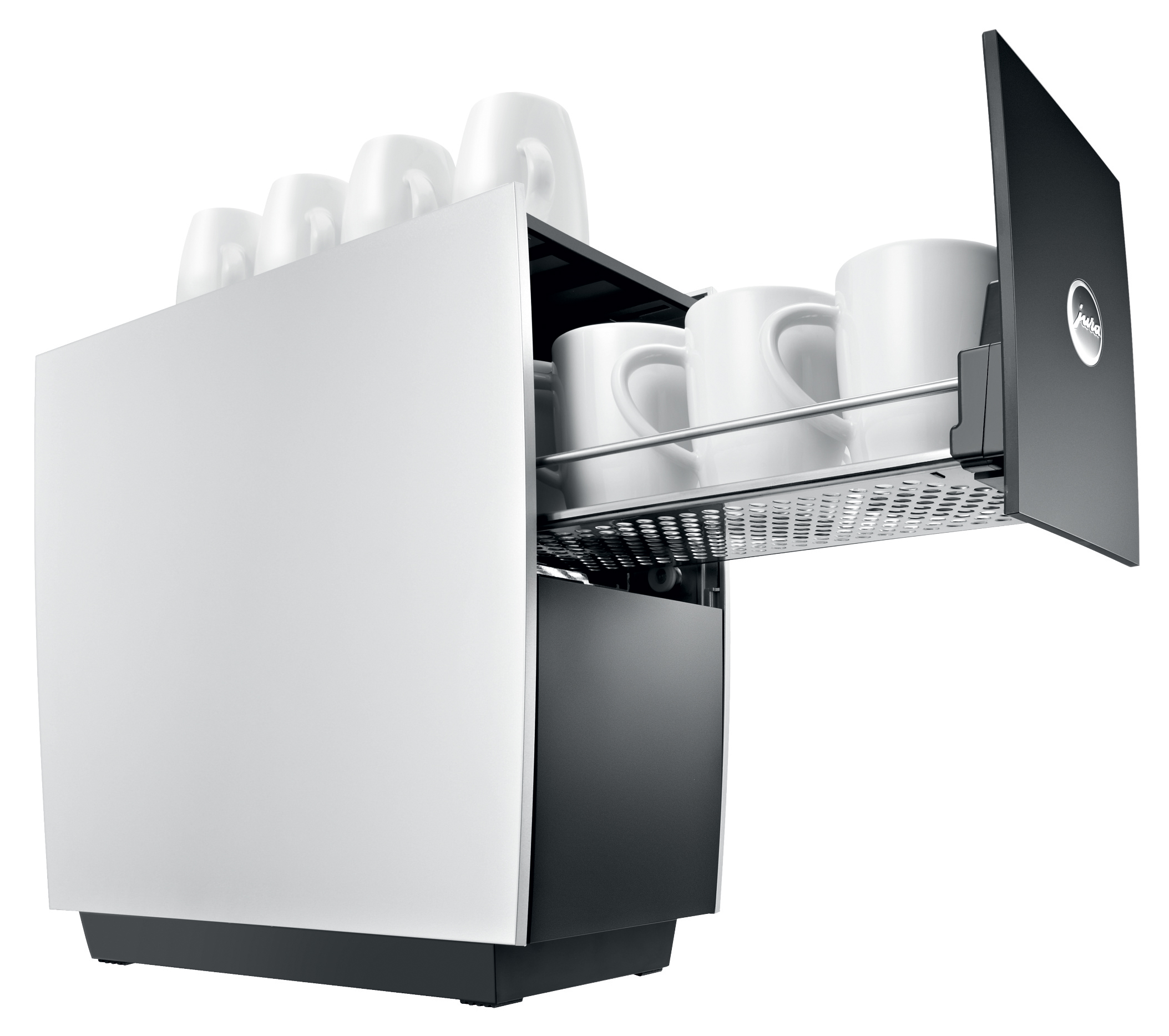 Silver coffee machine with a cup holder, holding white cups.