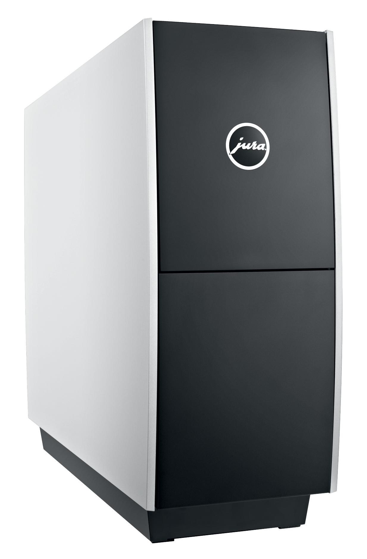 Black and white Jura coffee machine, side view.