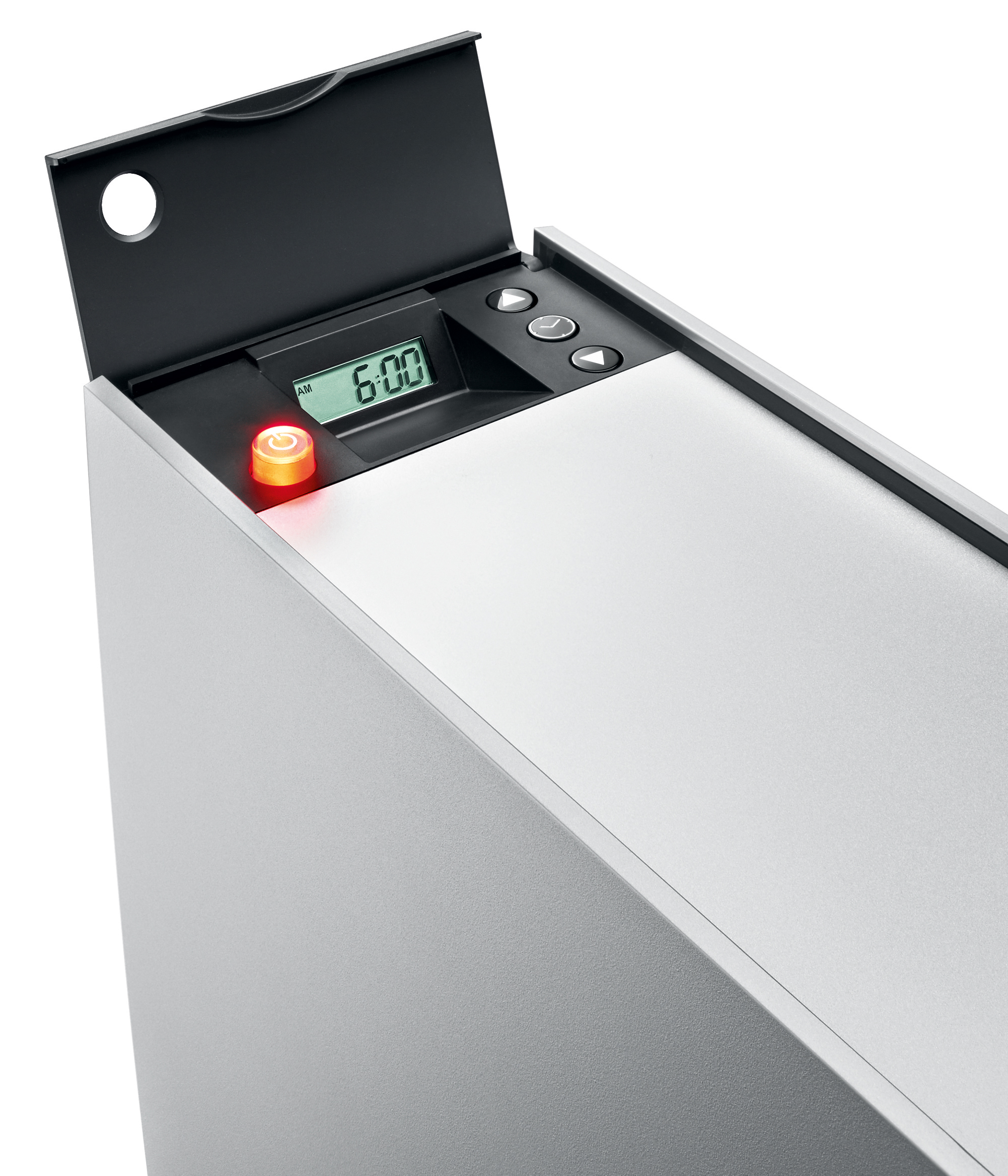 Silver device with a black top. It has a digital display showing 6:00, and a red light is on.