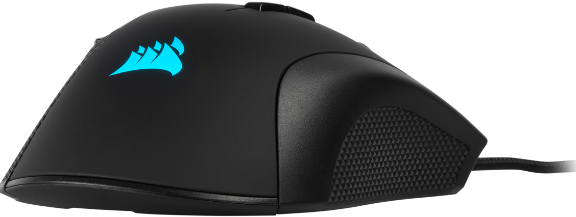 Schwarze Gaming-Maus mit blau leuchtendem Logo und Kabel.