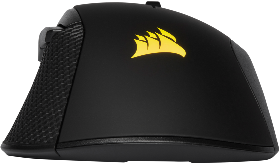 Schwarze Corsair Gaming-Maus mit gelbem Logo. Die Maus hat strukturierte Griffe und Tasten.