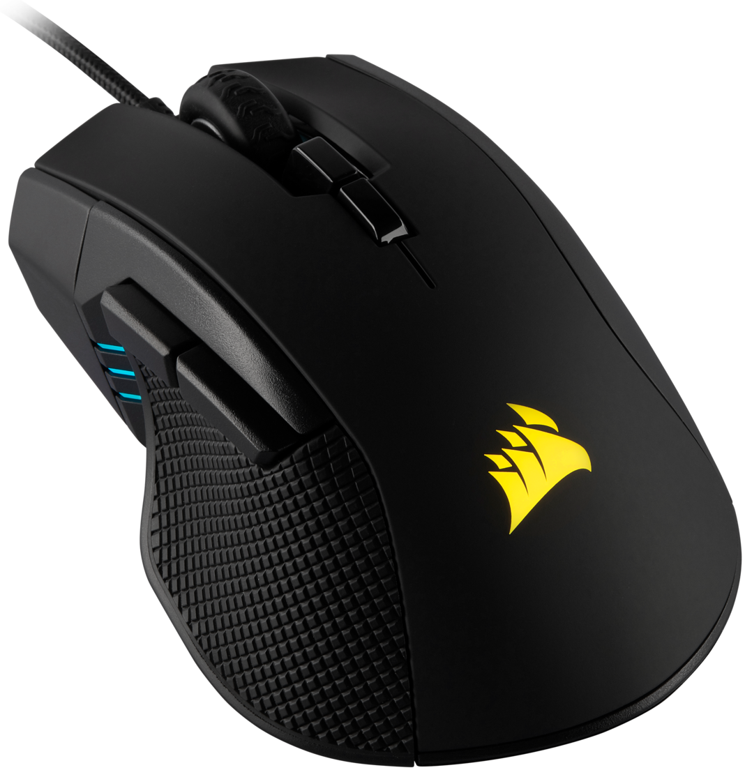Schwarze Corsair Gaming-Maus mit strukturierter Seitengriff und beleuchtetem Corsair-Logo.
