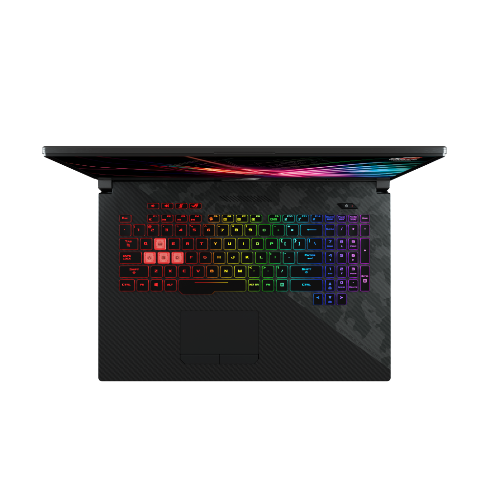 Laptop-Tastatur mit bunten, hintergrundbeleuchteten Tasten. Schwarzes Gehäuse, Draufsicht.
