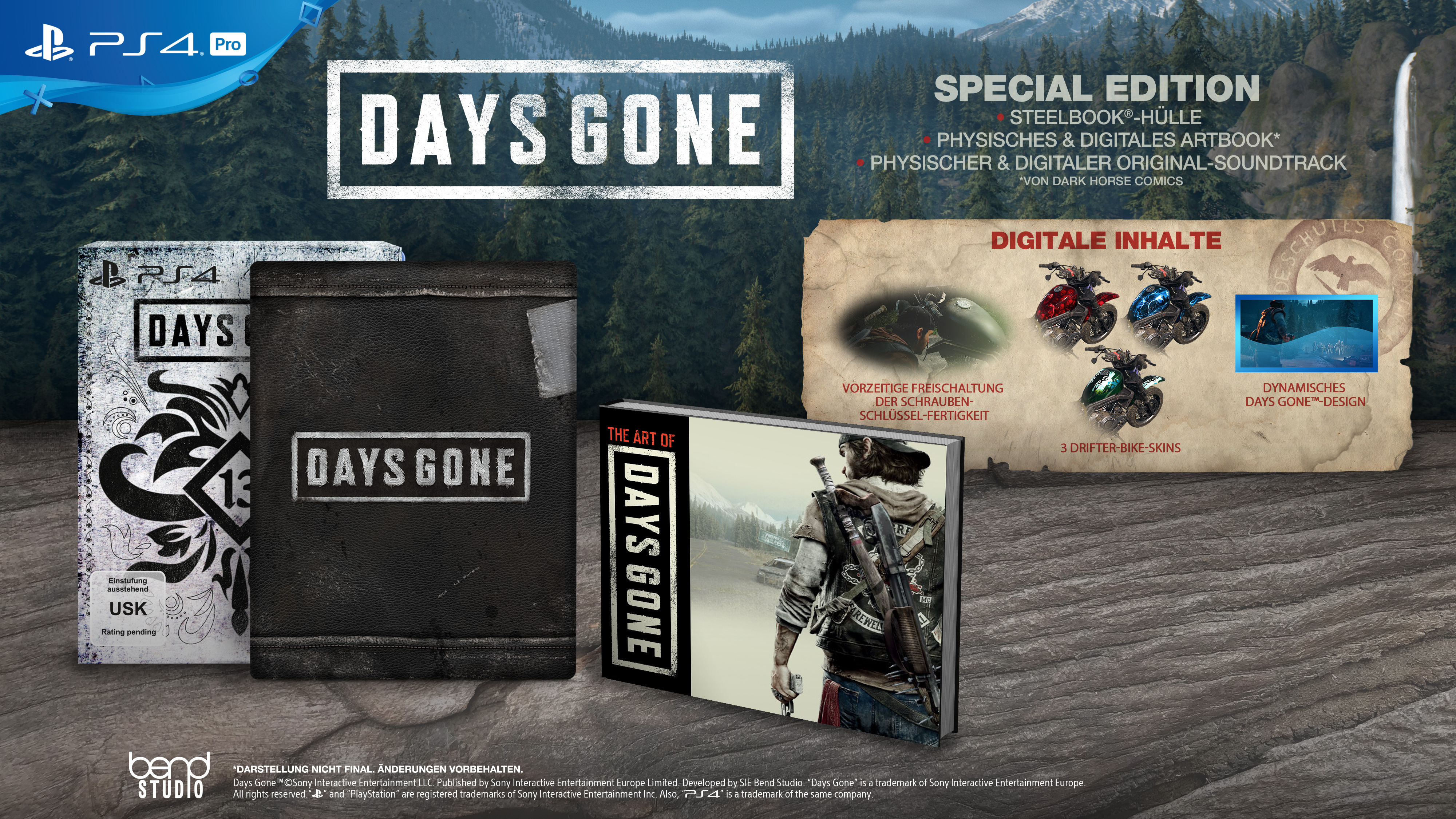 Days Gone Special Edition Spielbox-Set mit Spiel, Artbook und Steelbook-Hülle auf landschaftlichem Hintergrund.