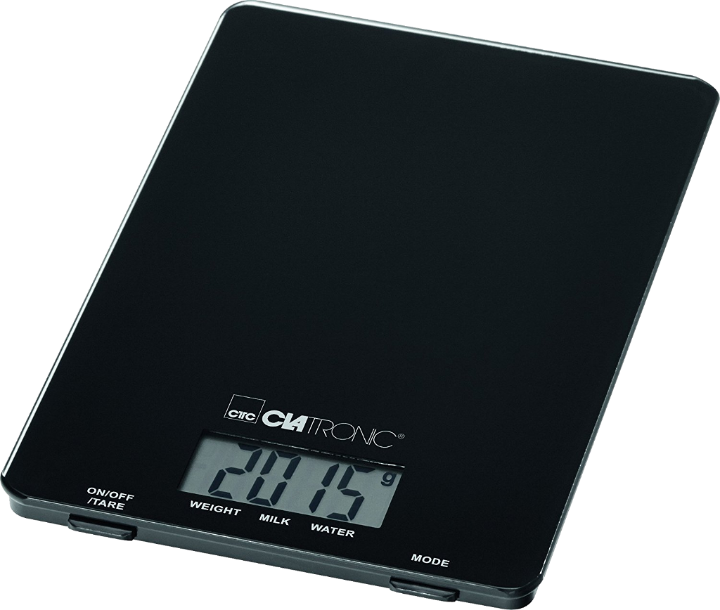 Fekete digitális konyhai mérleg, 2015g-os kijelzővel. A WEIGHT, MILK, WATER szavak láthatók.