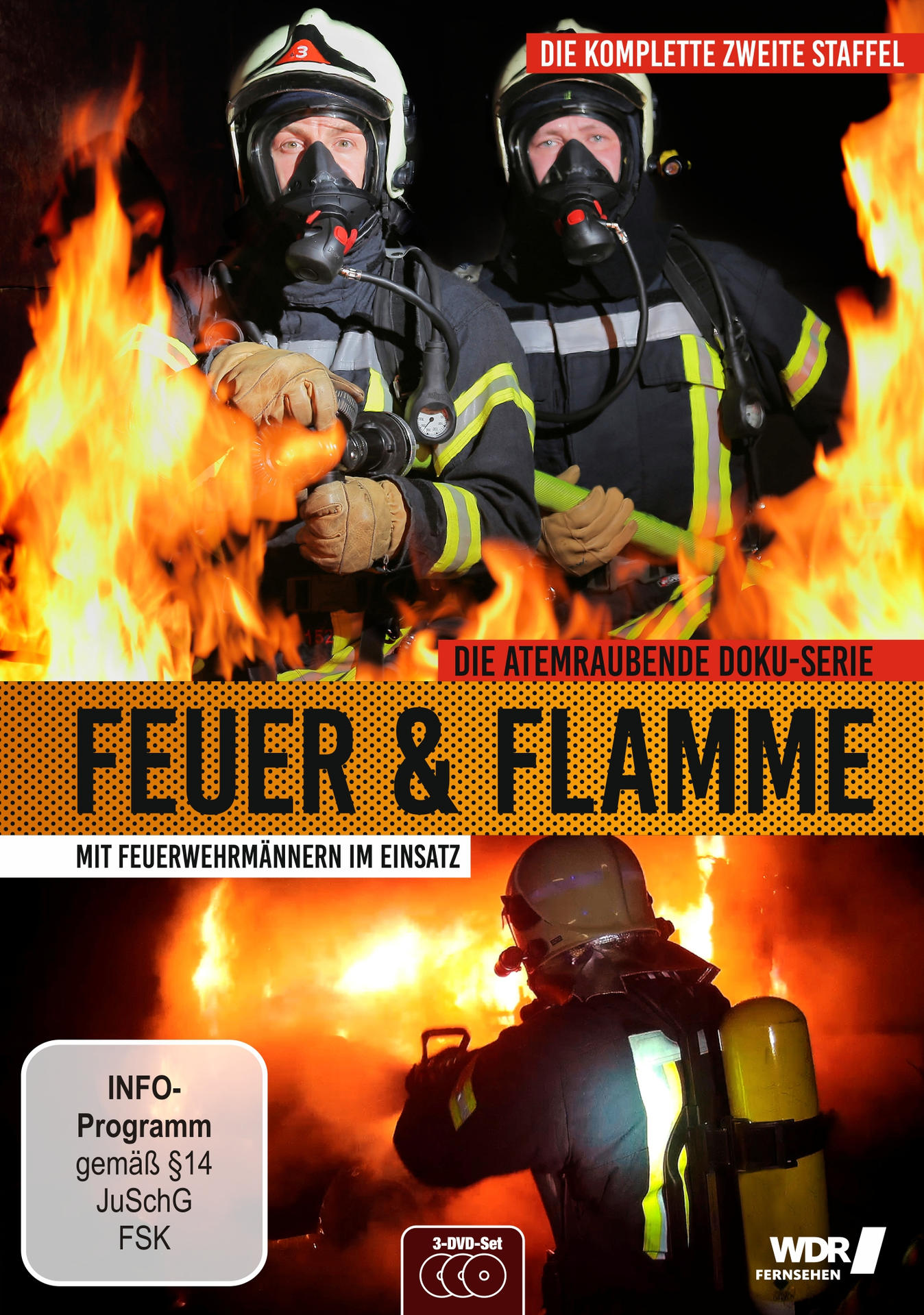 DVD-Cover: Feuerwehrleute in Flammen, mit dem Titel 'Feuer & Flamme'.