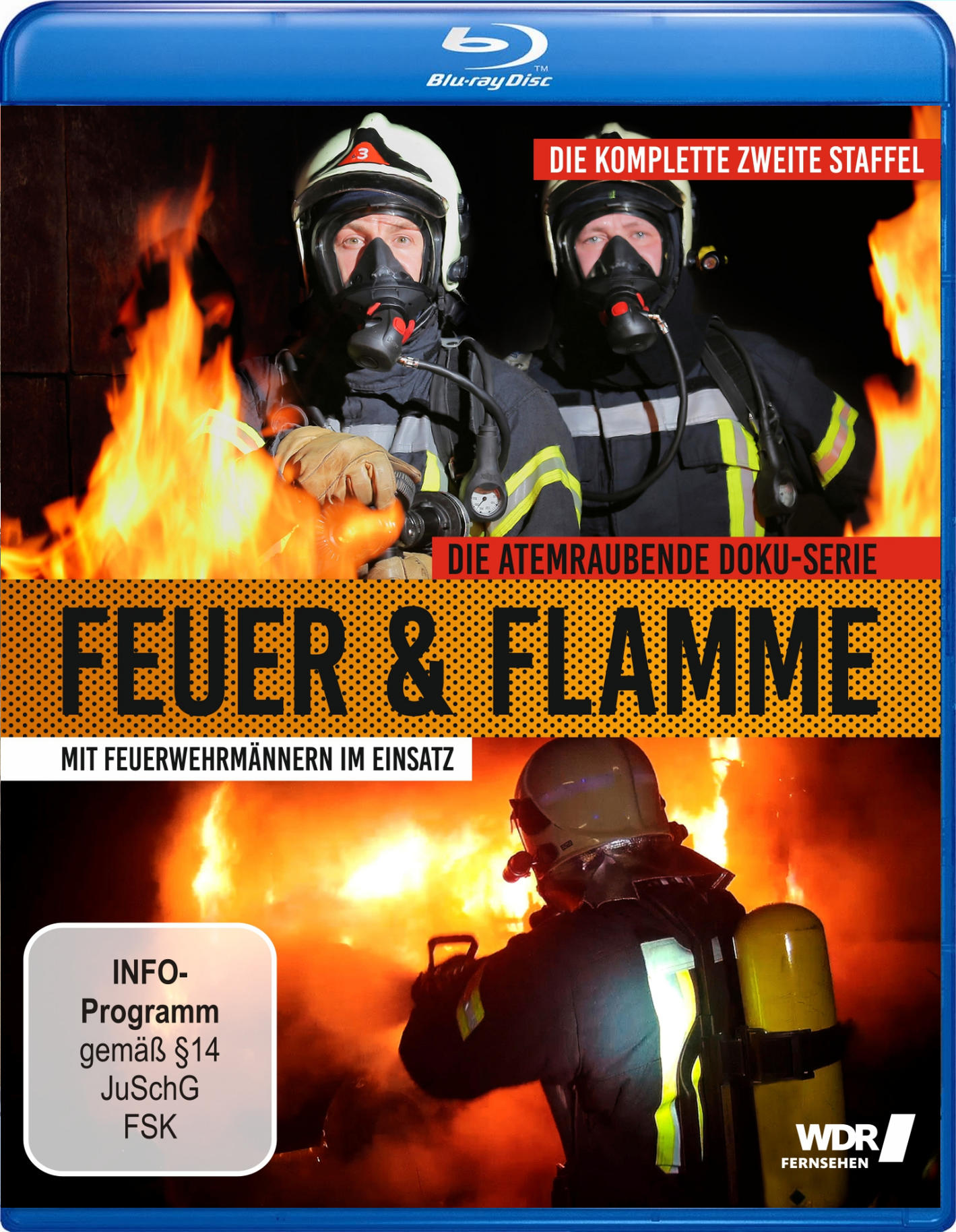 DVD-Cover: Feuerwehrleute in Aktion, Flammen. Titel: Feuer & Flamme. Text auf Deutsch.