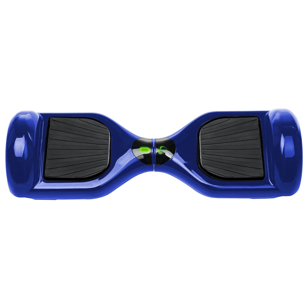 Un hoverboard azul con almohadillas negras para los pies y una luz verde en el centro.