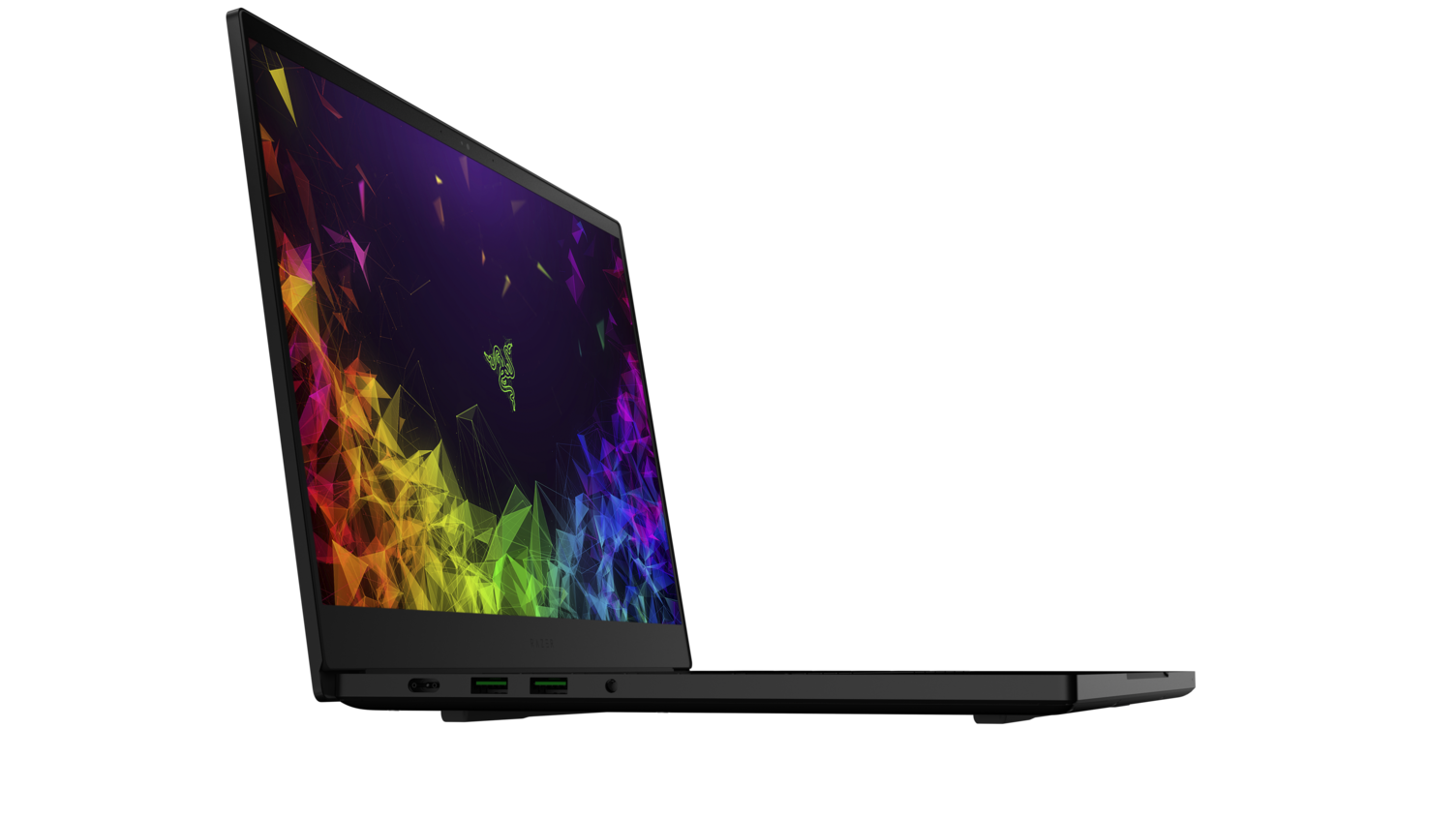 Schwarzer Laptop mit farbenfrohem Bildschirm. Schwarzer Hintergrund, Seitenansicht. Razer-Logo.