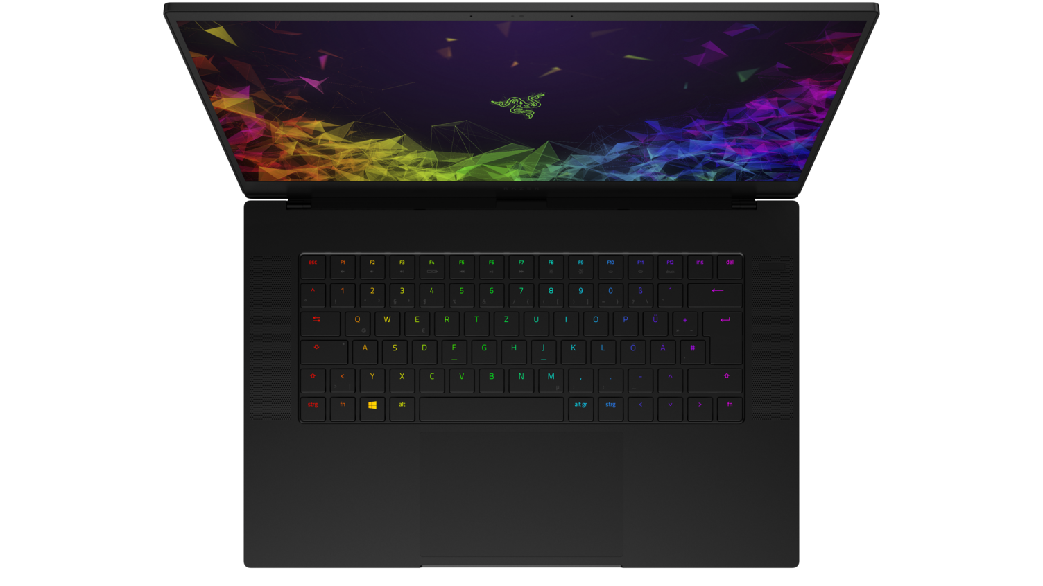 Draufsicht auf einen schwarzen Razer-Laptop mit farbenfroher Tastaturbeleuchtung.