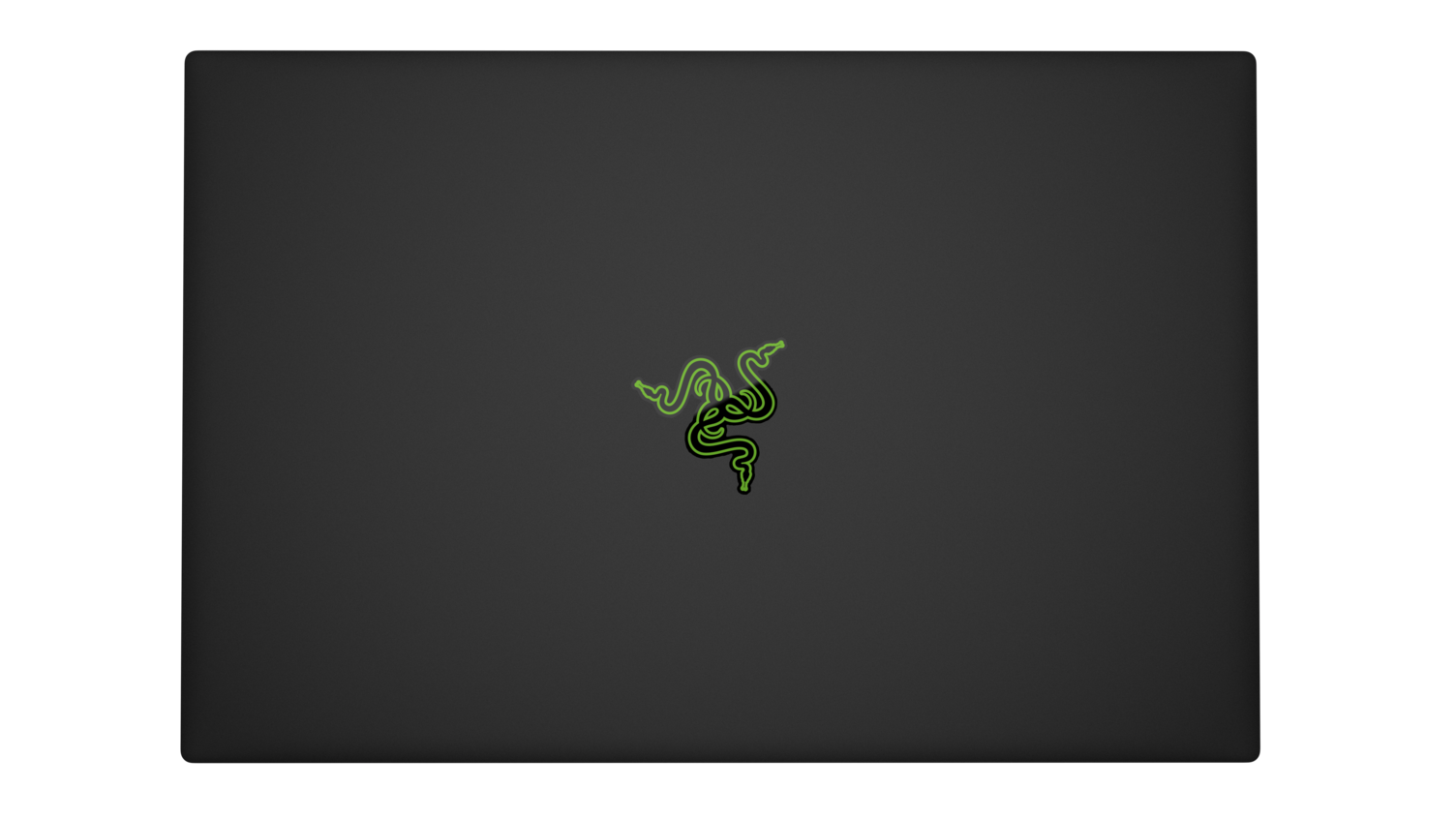 Schwarzer Laptop mit Razer-Logo auf dem Deckel, auf schwarzem Hintergrund.
