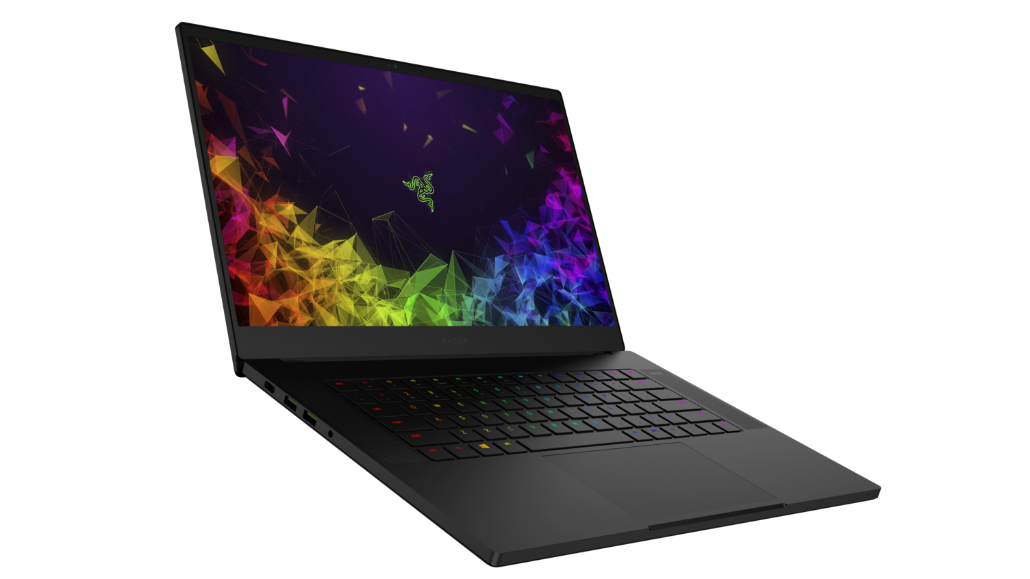 Schwarzer Razer-Laptop mit Regenbogenbildschirm. Schwarzer Hintergrund.