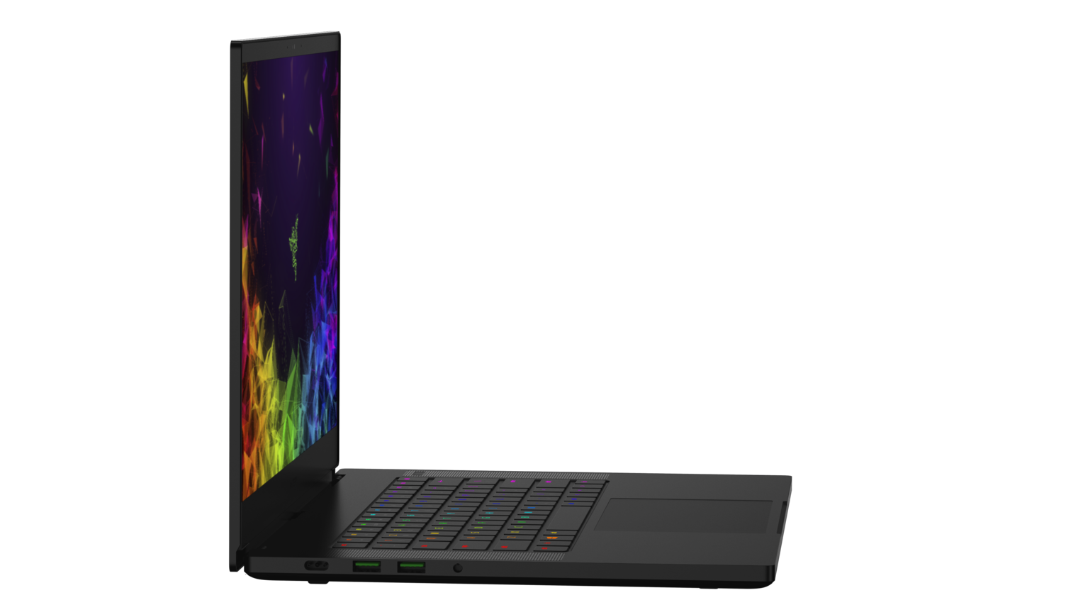 Ein schwarzes Laptop mit farbenfrohem Bildschirm wird von der Seite auf schwarzem Grund betrachtet.