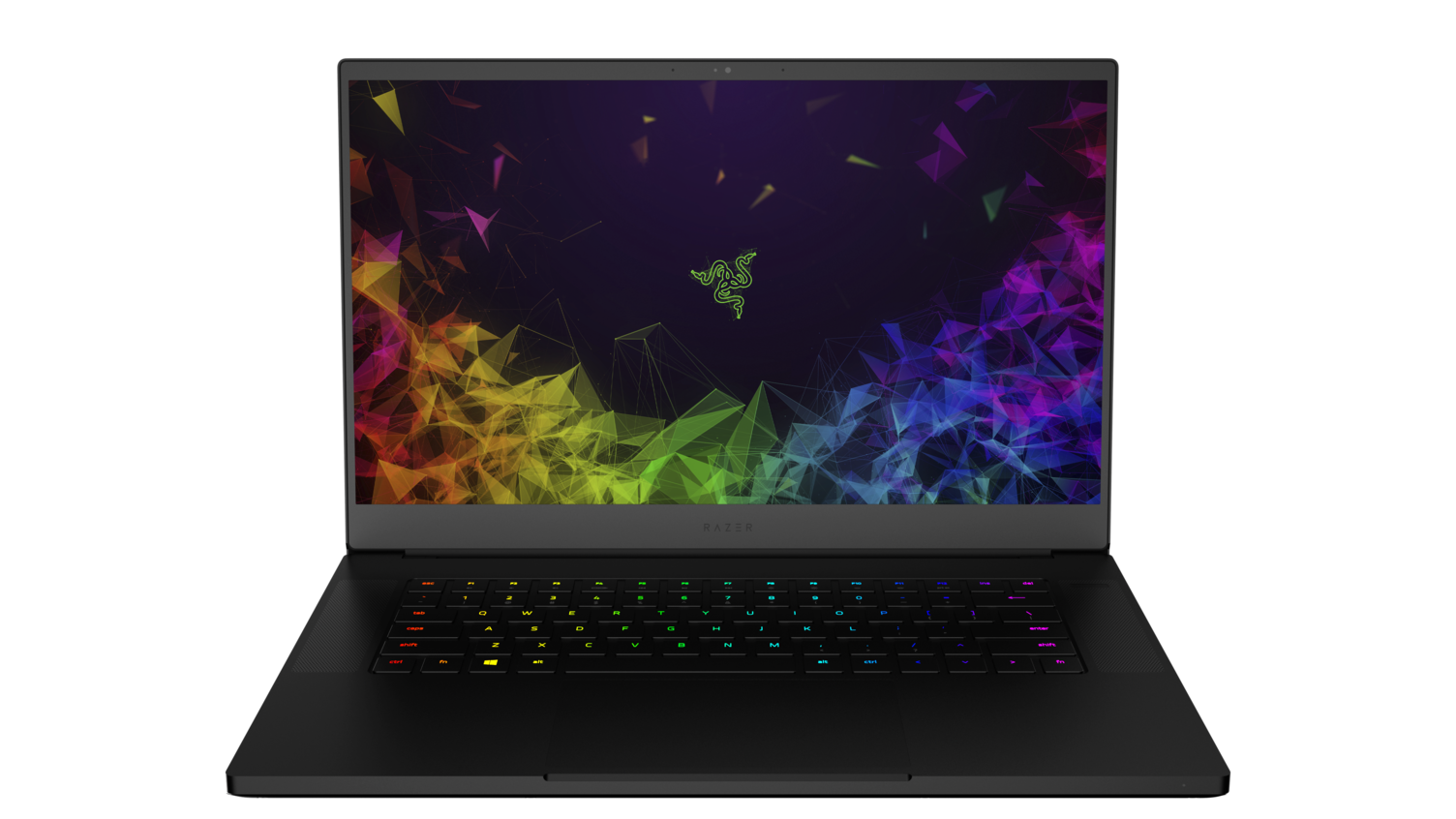 Schwarzer Laptop mit farbenfrohem Bildschirm, der das Razer-Logo und ein geometrisches Design zeigt.