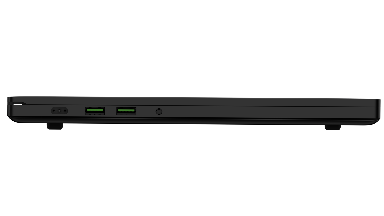 Schwarzer Laptop-Seitenansicht, Anschlüsse zeigend. Der Laptop steht auf schwarzem Untergrund.