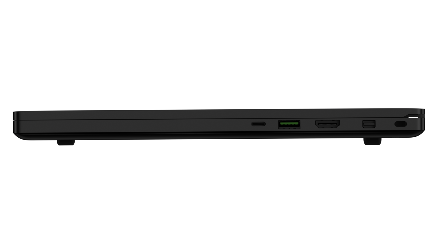 Schwarze Laptop-Seitenansicht mit Anschlüssen. USB-C, grüner Anschluss, HDMI und ein weiterer Anschluss.