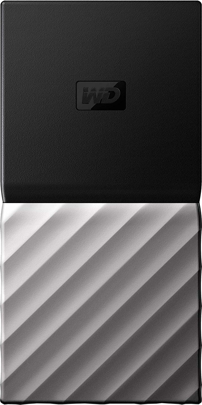 Black and white external hard drive, top view showing the WD logo.