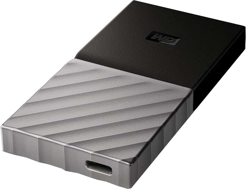 Black and grey portable hard drive with a patterned surface.