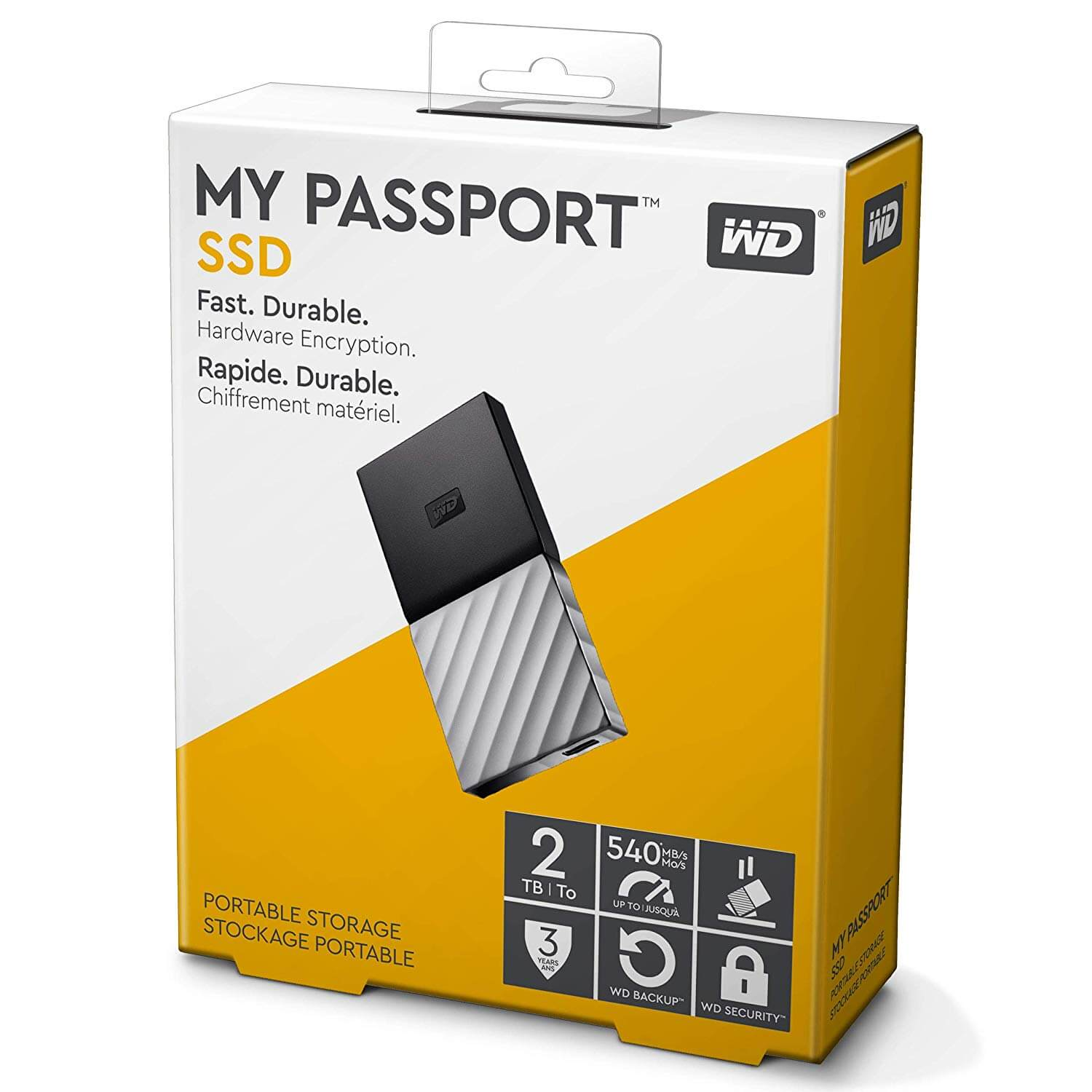 Box with a portable, black and silver SSD. Text: MY PASSPORT SSD. Yellow background.