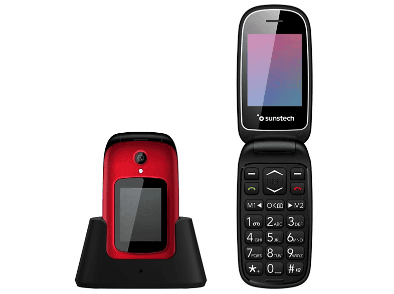 Teléfono móvil - Sunstech CELT22BK, 2 Pantallas, 16 GB, Botón SOS, Rojo