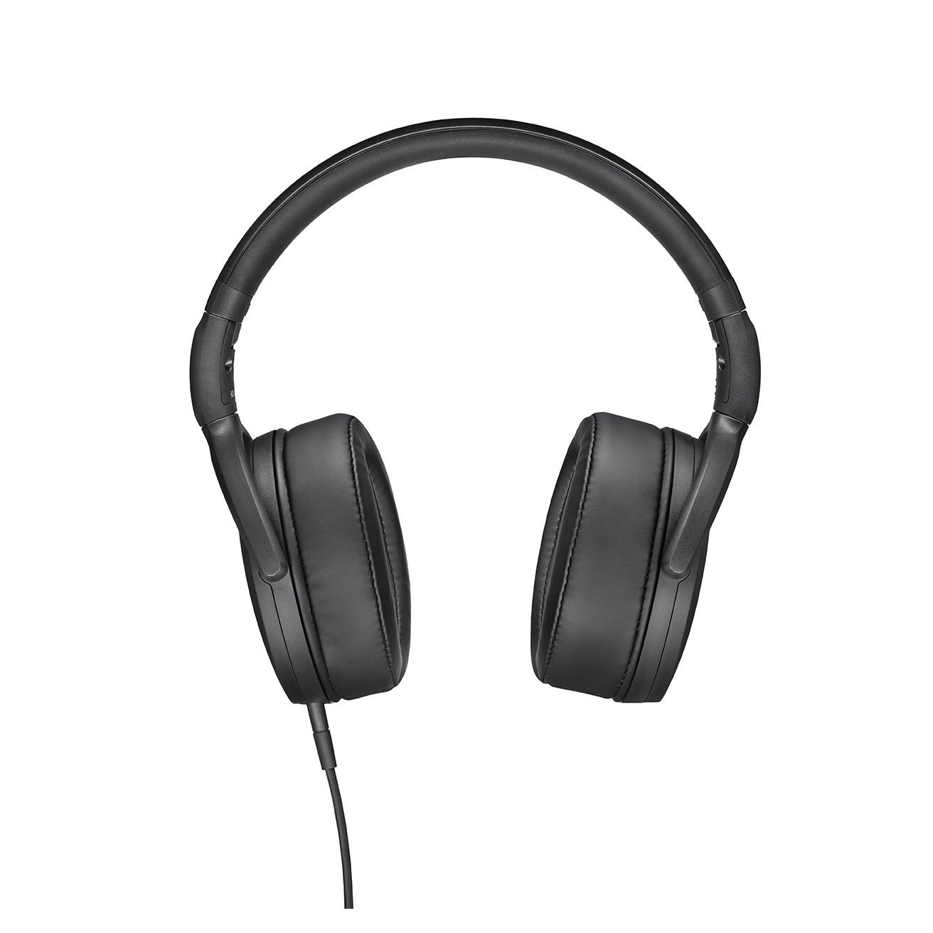 Schwarze Kopfhörer. Over-Ear-Design, Kabel und Draufsicht.