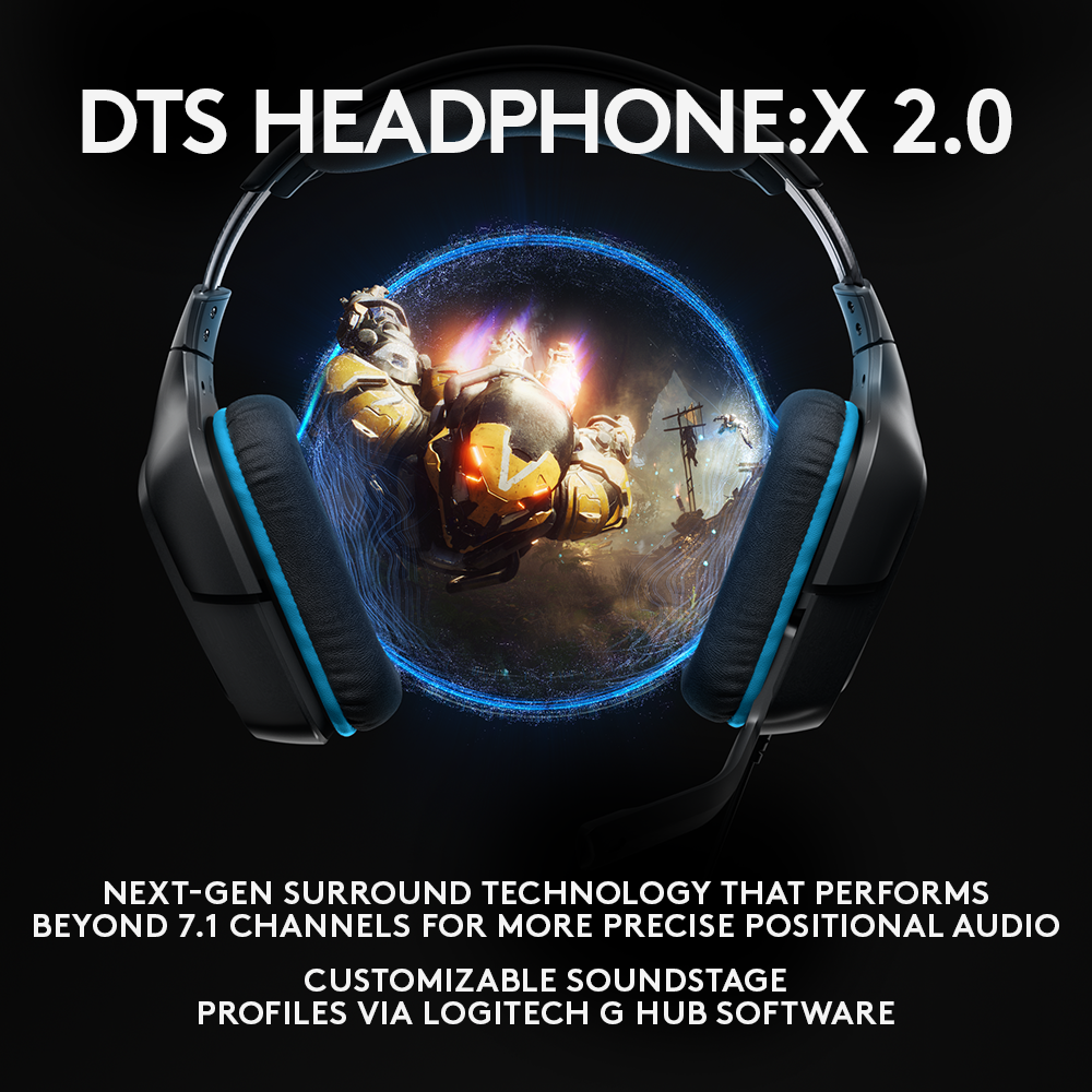 Casque de jeu noir et bleu avec technologie de son surround, fond noir.