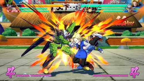 Juego de lucha Dragon Ball Z: Cell vs. Androide 18 y otro personaje, escena de acción.