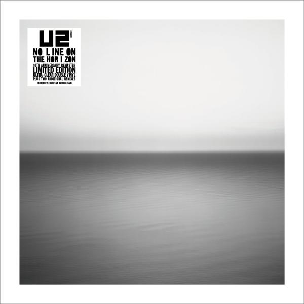 Albumcover von U2's "No Line On The Horizon". Es hat ein minimalistisches Design mit einer graustufen Seelandschaft und Albumdetails in der Ecke.