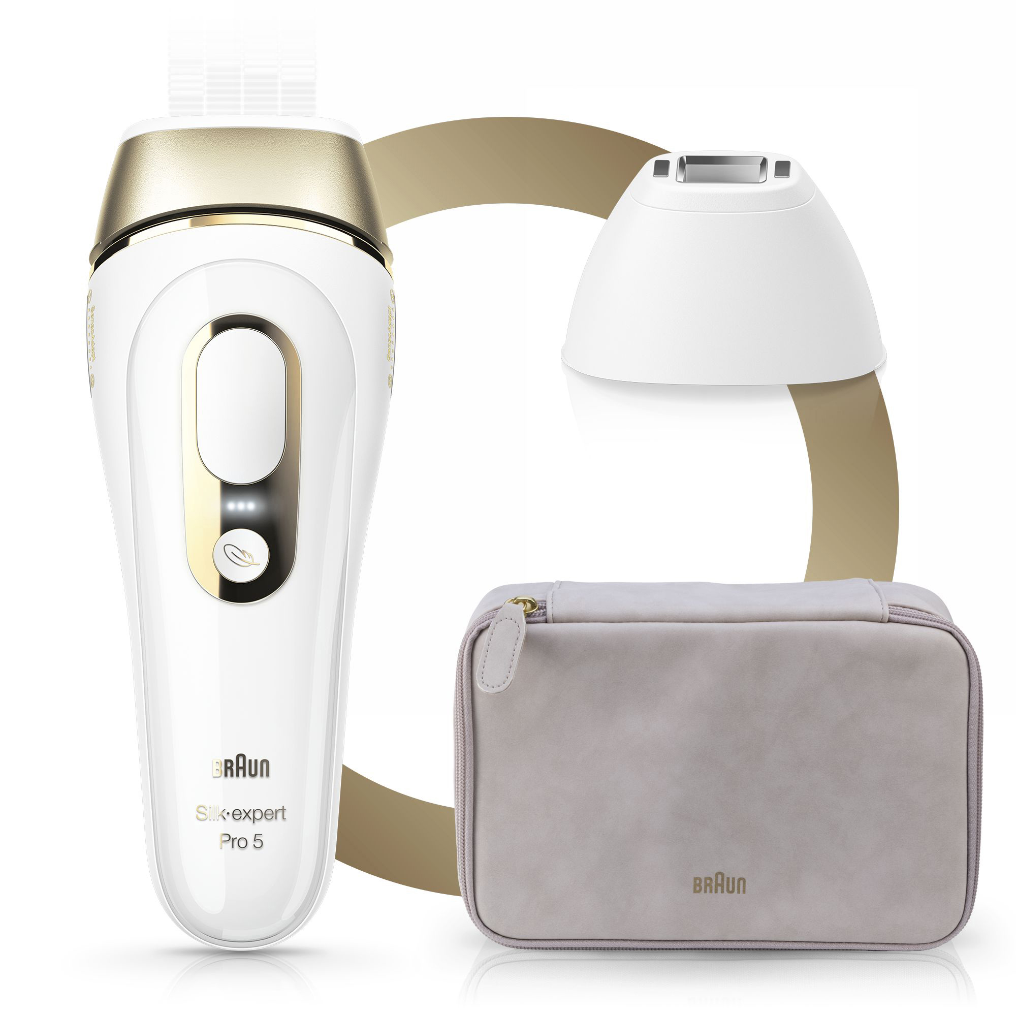 Braun Silk-expert Pro 5 Epilierer, Zubehör und eine Reisetasche, alles in Weiß und Gold.