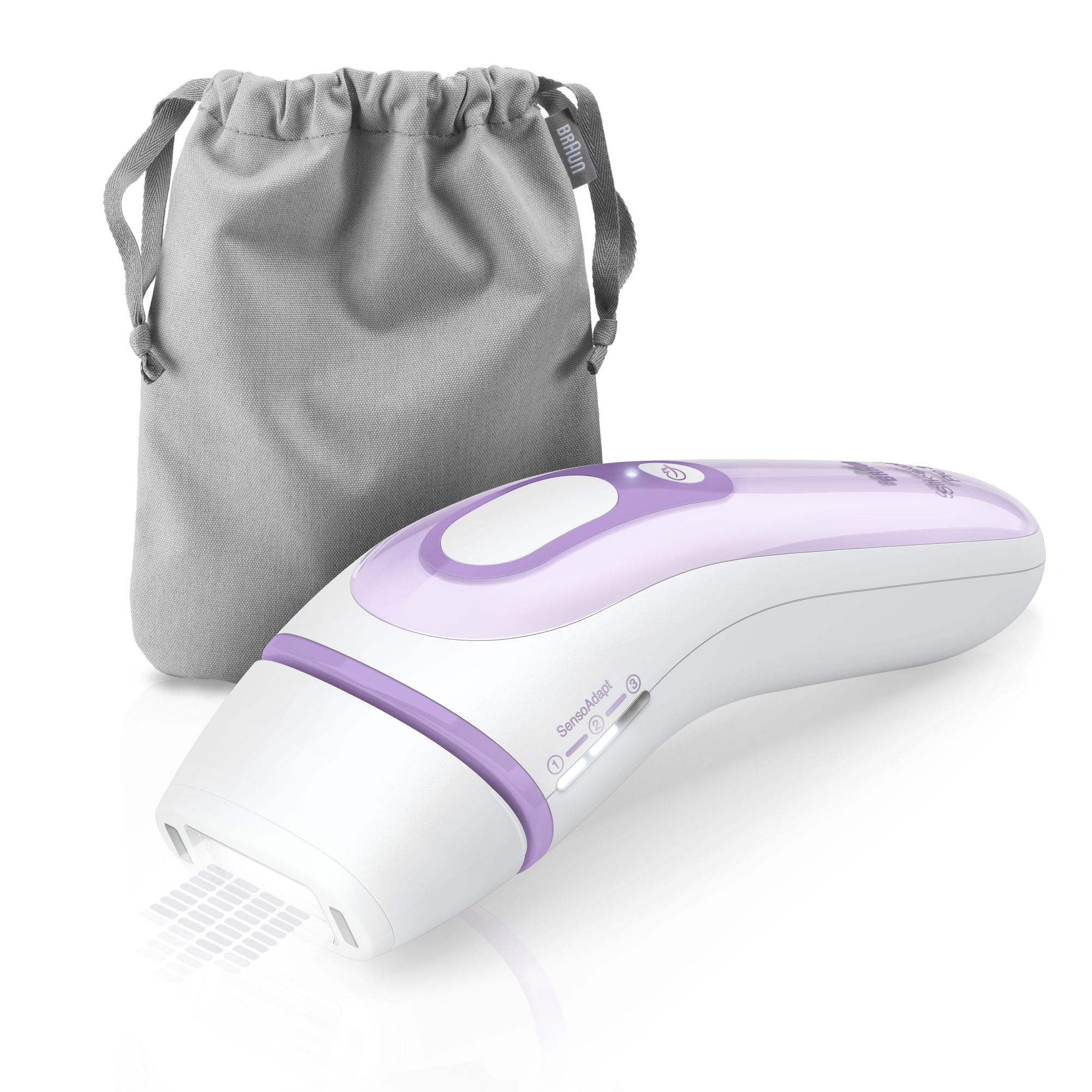 Épilateur blanc et violet avec une pochette grise. Fond blanc.