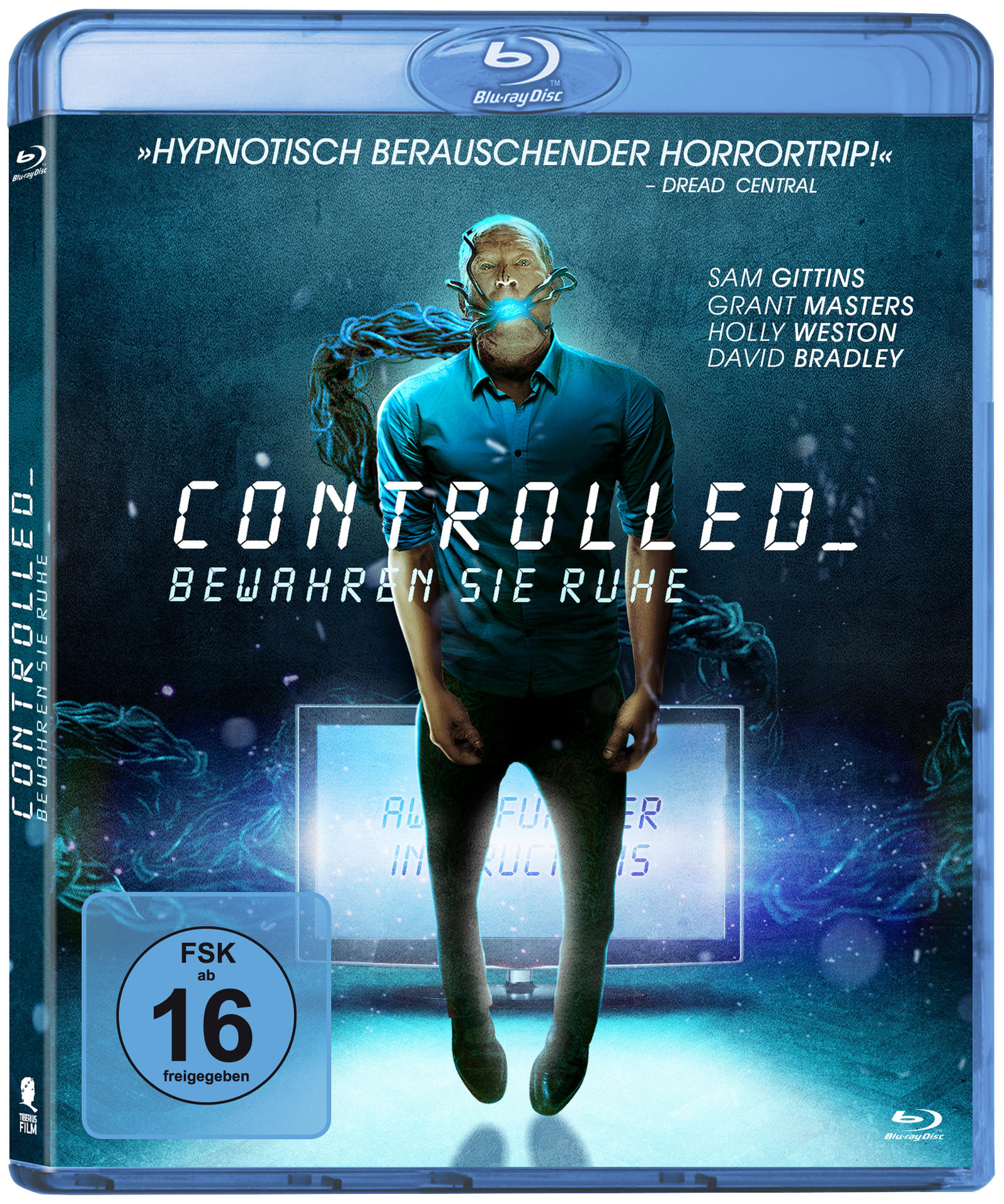 Blu-ray-Disc-Hülle. Das Cover zeigt einen Mann mit Drähten im Gesicht. Text: "Controlled".