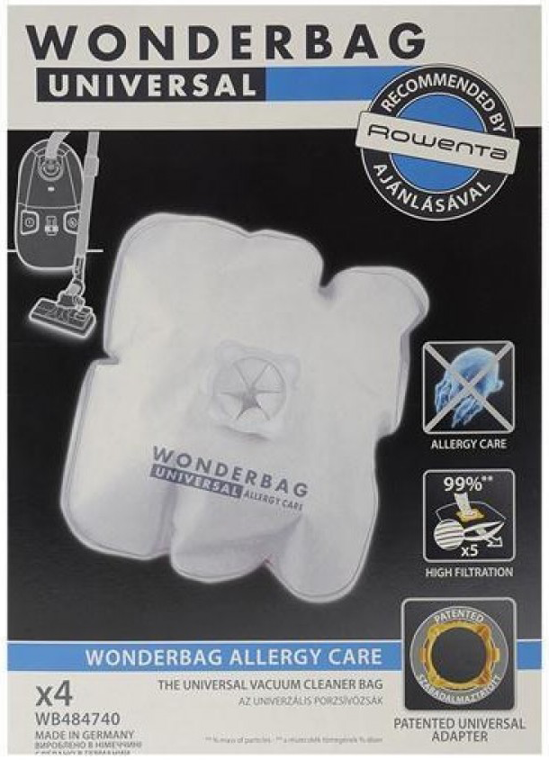 Wonderbag univerzális porszívózsák csomagolás termékadatokkal és Rowenta ajánlással.