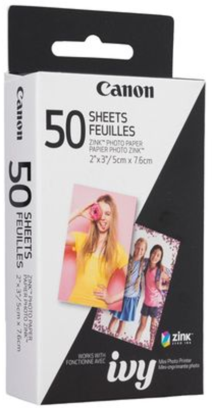 Boîte de papier photo Canon avec photos de filles et texte sur le produit.