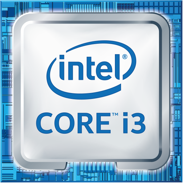 Logo Intel Core i3 in un riquadro bianco con sfondo blu.