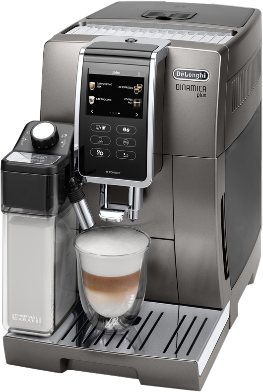 Silber-graue Espressomaschine. Glas mit Kaffee. Touchscreen und Milchaufschäumer.