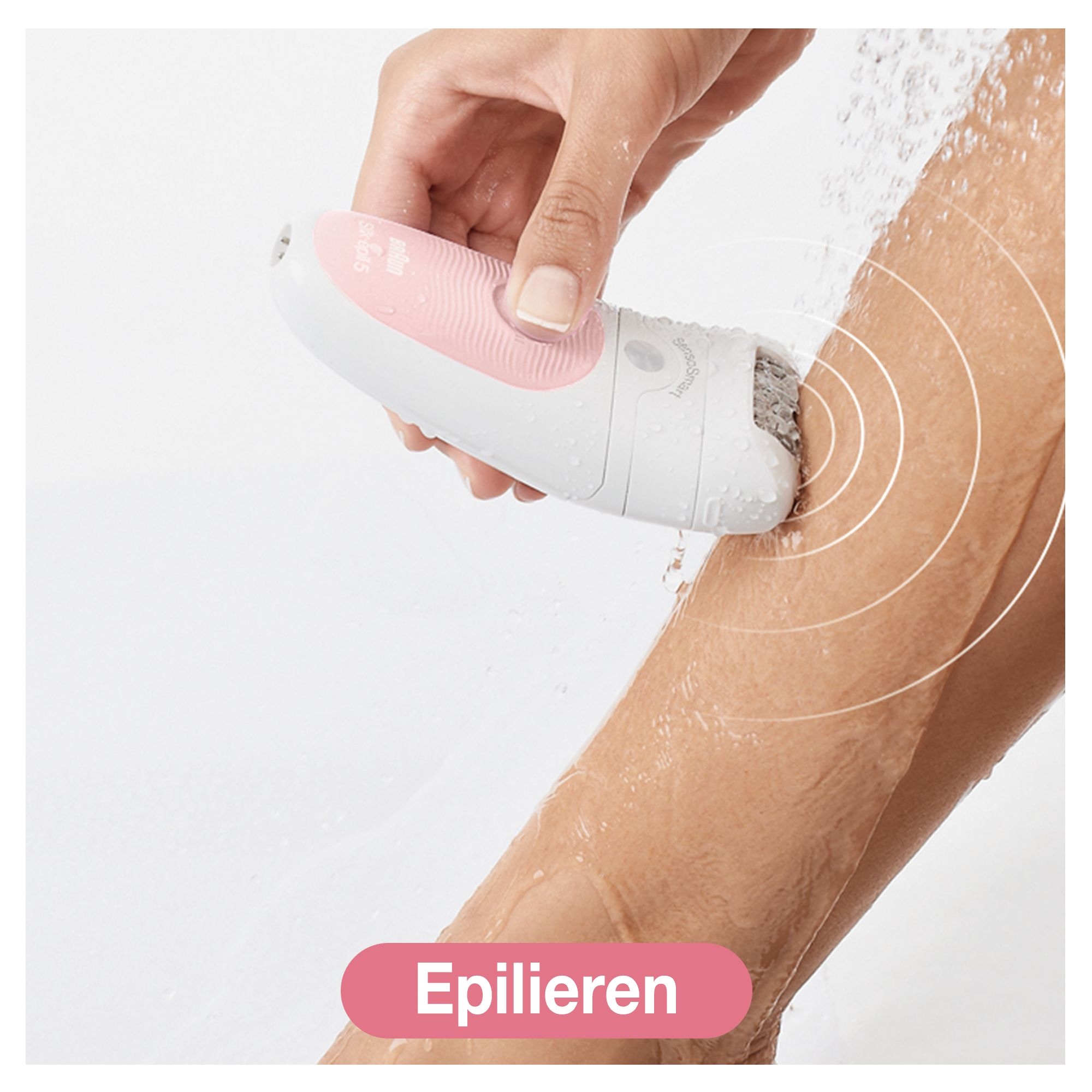 Person verwendet Epilierer am Bein, mit Wassertröpfchen und rosa Text 'Epilieren'.