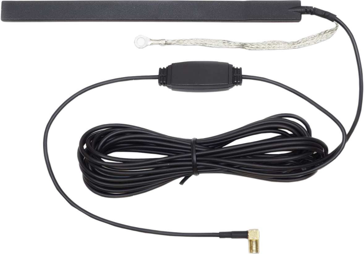 Schwarze Antenne mit Draht und Stecker. Die Antenne ist flach.