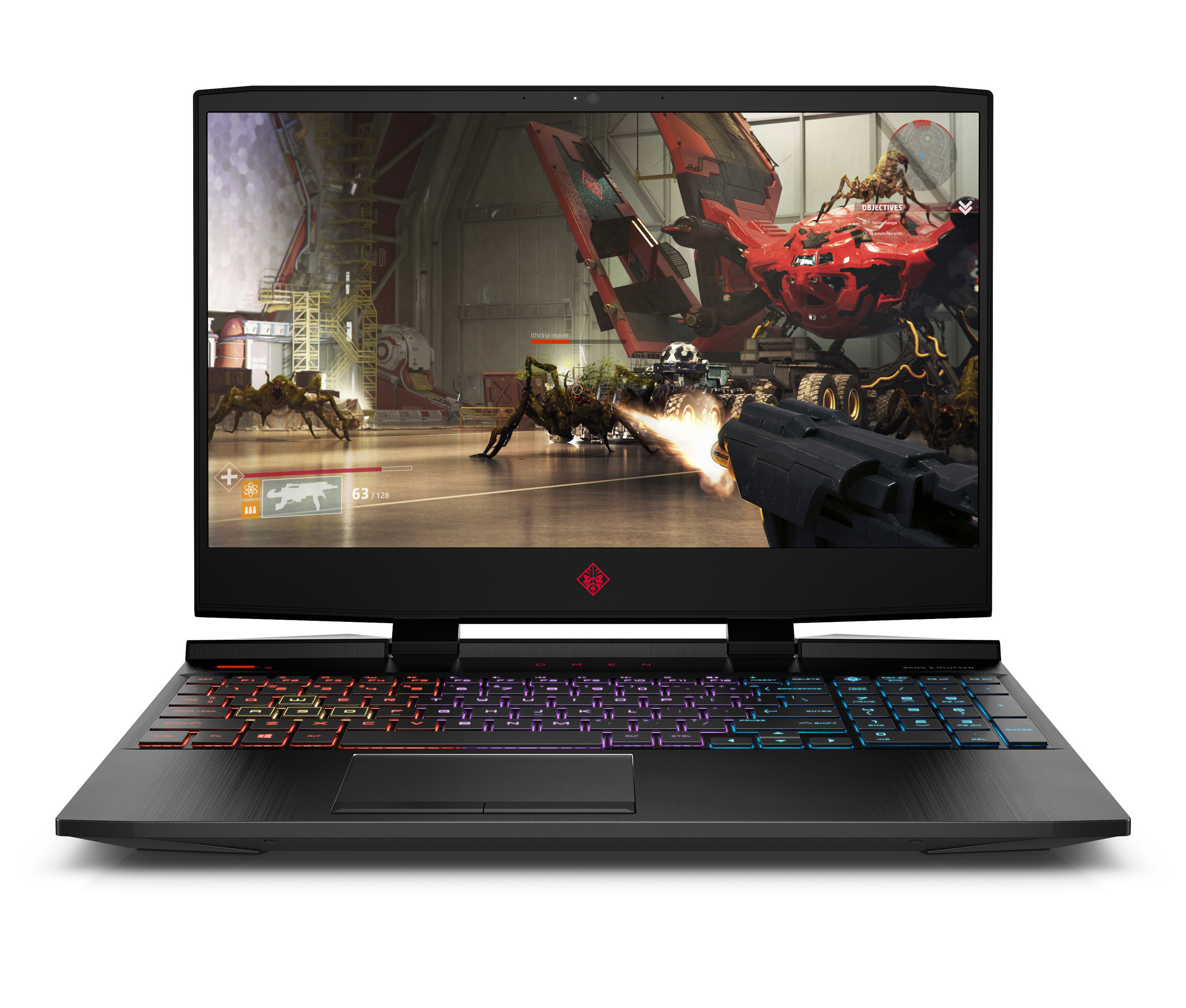 Schwarzer Gaming-Laptop mit einem Bildschirm, der eine Spielszene mit Robotern zeigt, die Waffen abfeuern.
