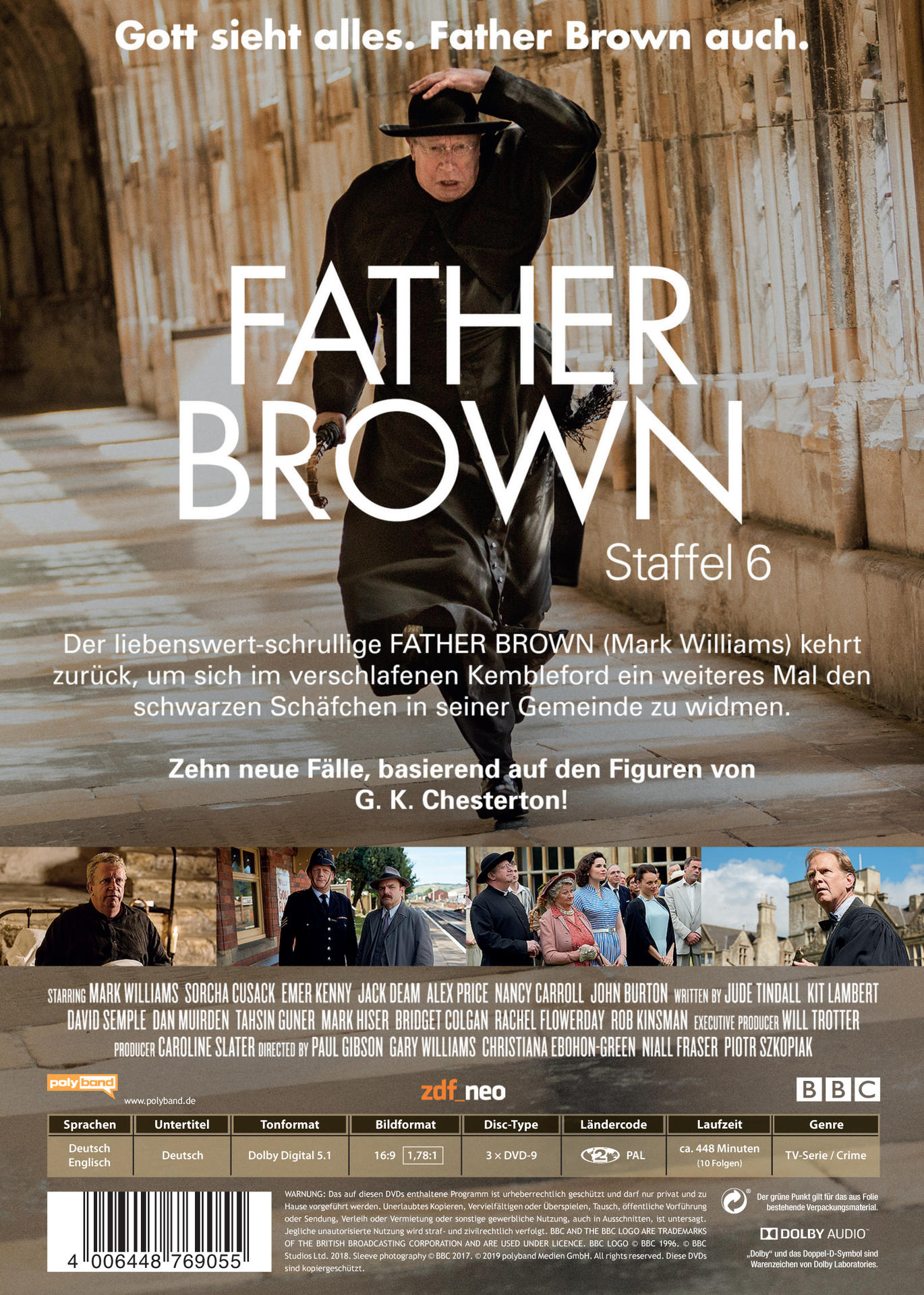 DVD-Cover für die Fernsehserie Father Brown. Enthält Besetzung und Credits sowie ein Bild von Father Brown.