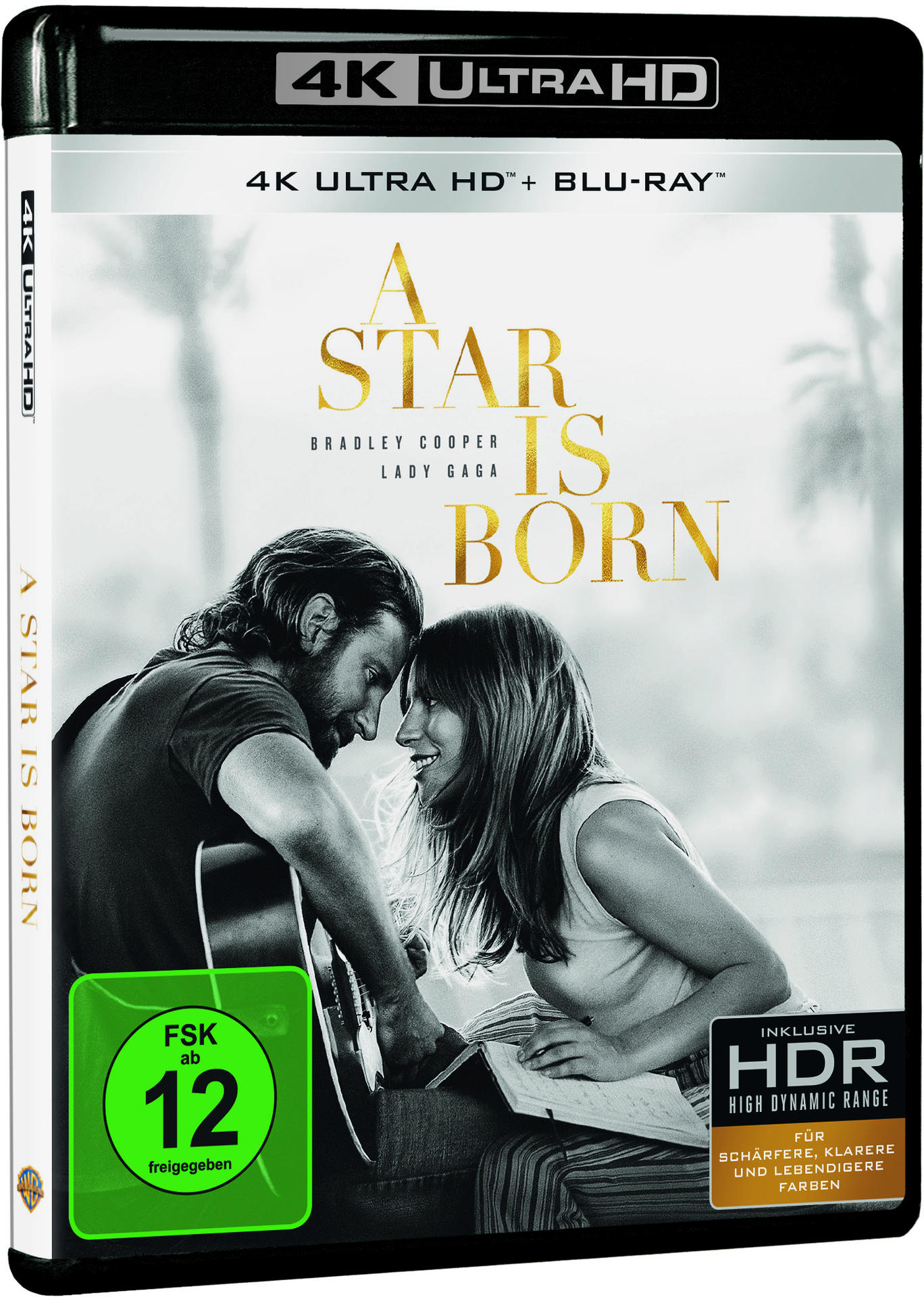 DVD-Hülle von 'A Star Is Born' mit Bradley Cooper und Lady Gaga, Text und Bewertungsetiketten.