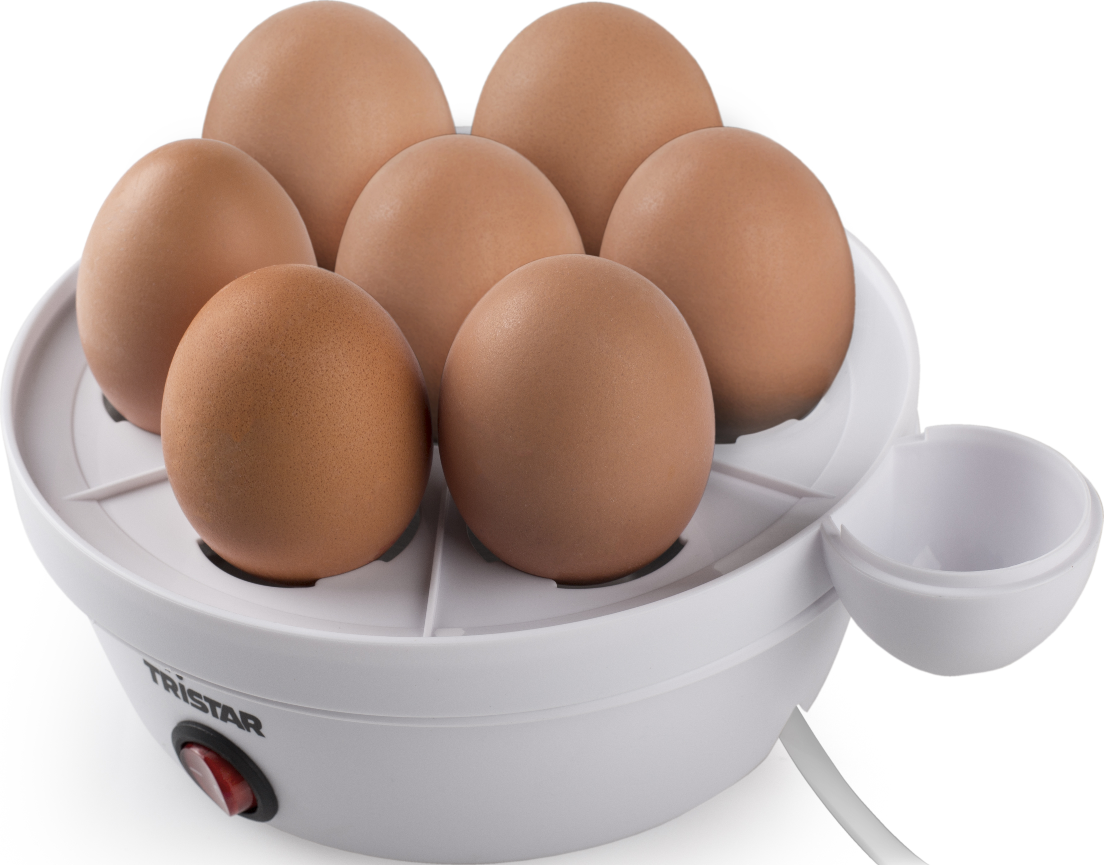 Cuocitore per uova bianco e grigio chiaro con sette uova marroni all'interno.