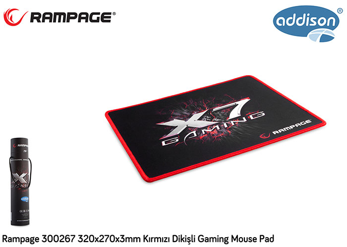 Kırmızı kenarlı ve tasarımlı siyah oyun mousepad'i ve bir tüp.
