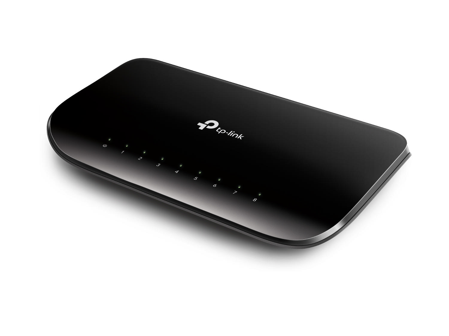 Siyah TP-Link ağ anahtarı, sekiz numaralı bağlantı noktasıyla.