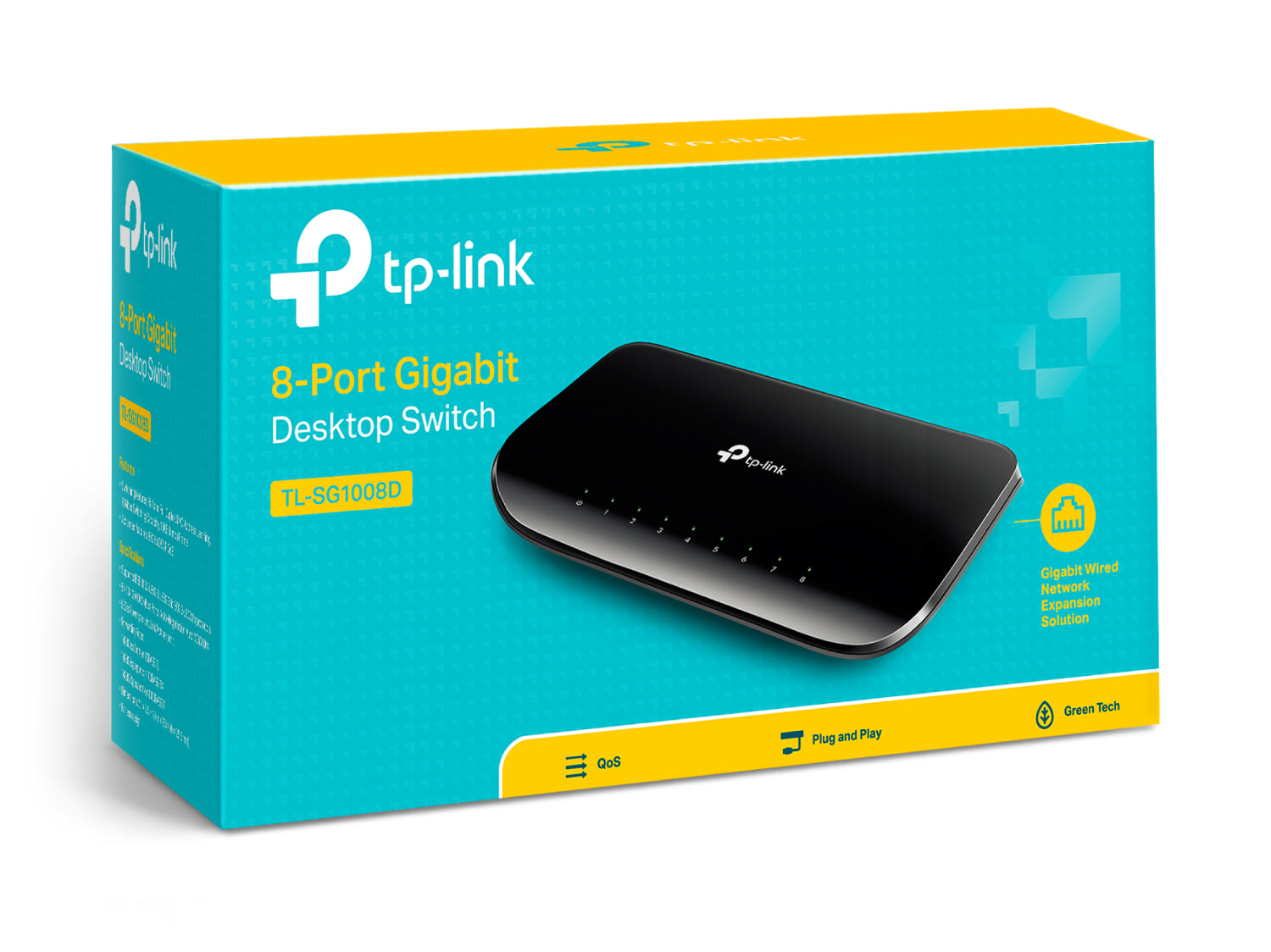 Bir TP-Link 8-Port Gigabit Masaüstü Anahtarının mavi ve sarı bir kutusu.