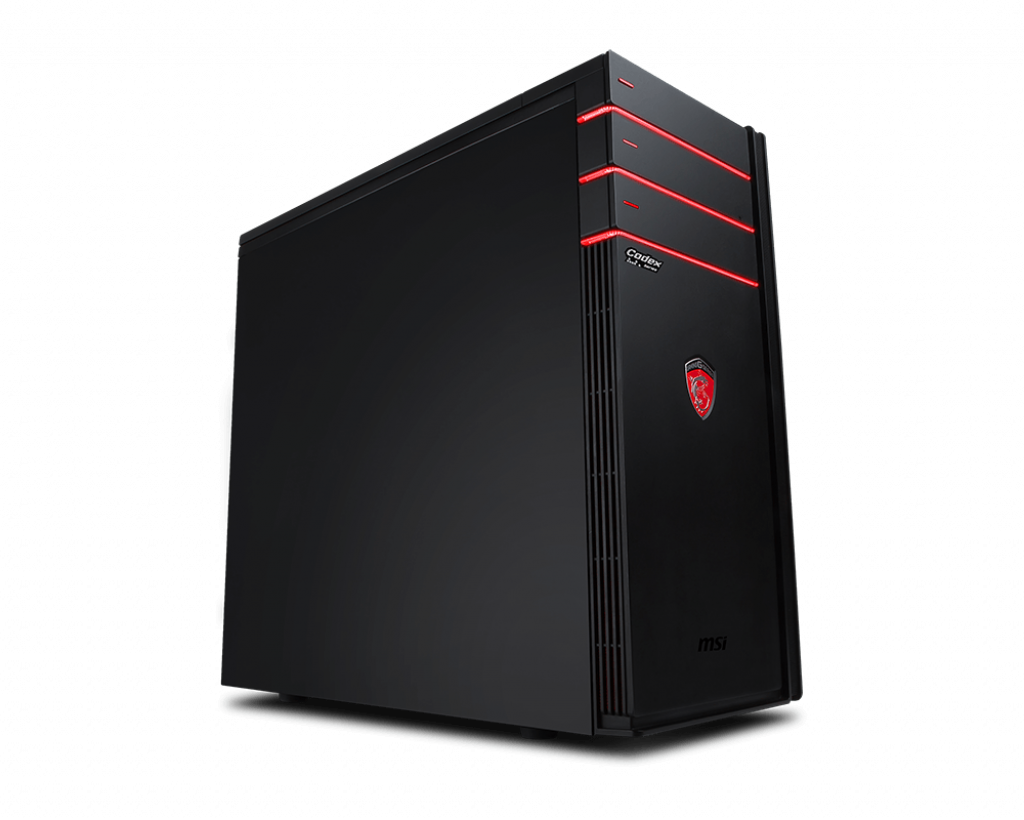 Zwarte computerkast met rode accenten. MSI-logo aan de zijkant. Donkere achtergrond.