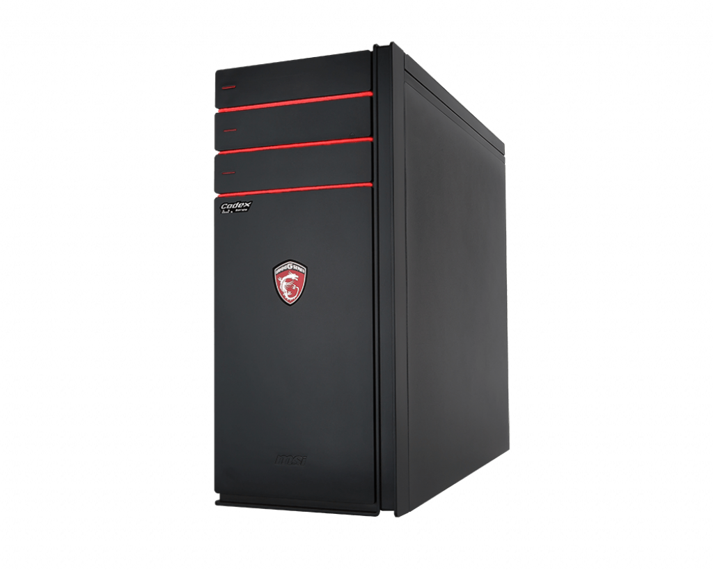 Zwarte computertoren met rode accenten, en het MSI logo.
