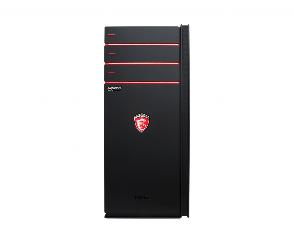 Zwarte MSI gaming pc-toren met rode accenten en logo. Zwarte achtergrond.